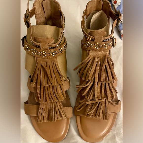 Gianni Bini Shoes - *EUC* Gianni Bini / Embellished Tiered Fringe Faux Suede Sandal / Brown …